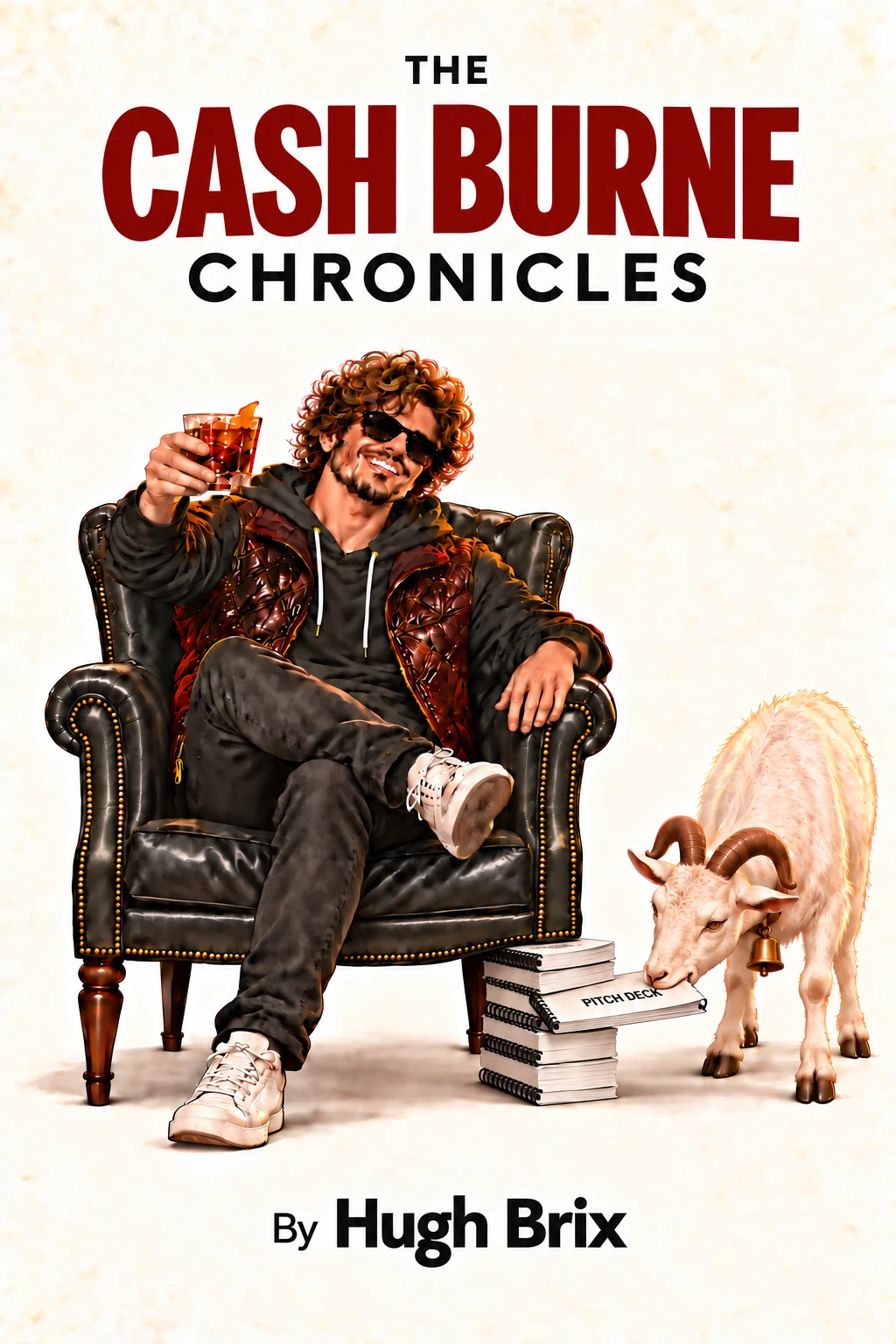 The Cash Burne Chronicles book cover: Cash raises his drink from a leather chair beside a goat.
