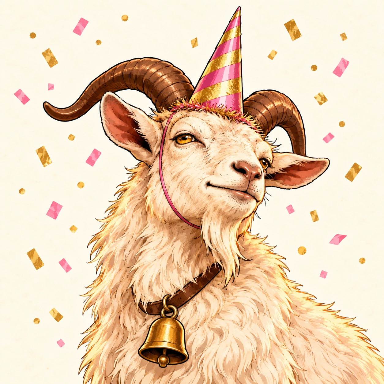 Comic portrait of the cream-colored goat wearing a pointed party hat as a pretend unicorn horn, with its real horns and brass bell still visible.